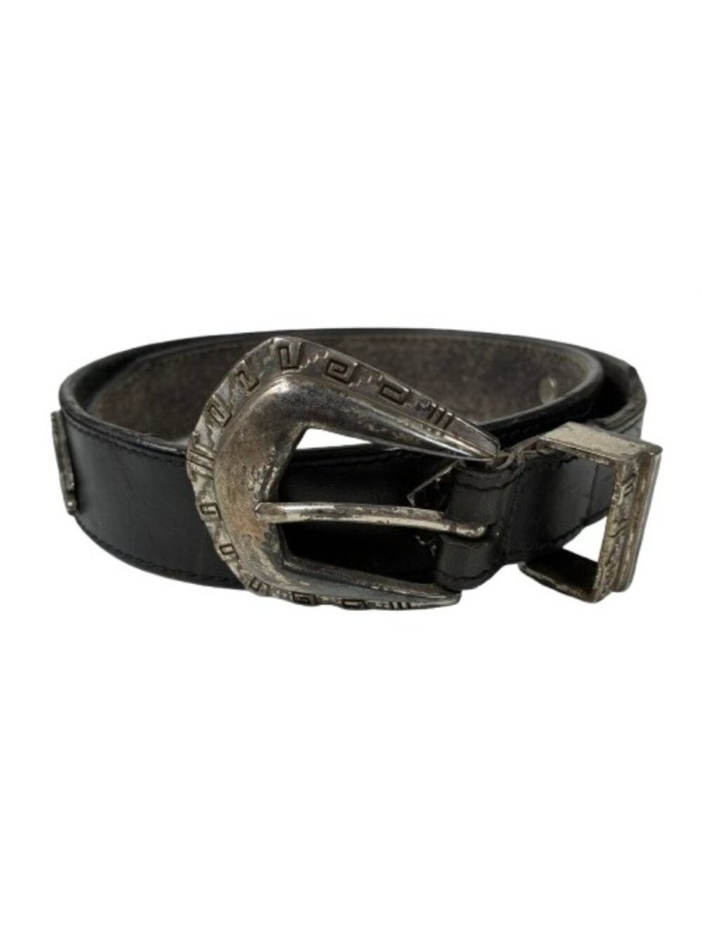 VTG 90s Southwestern Animal Motif Oil Tan Leather Belt Black Silver 32